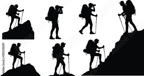 "Hiking and trekking silhouettes of backpackers with mountains, camera, and gear in adventure poses isolated on white vector background"