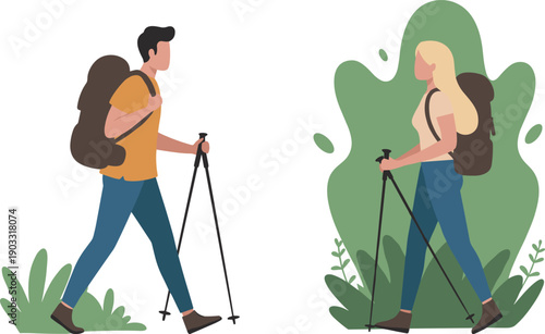 Hiking couple with backpacks, man and woman trekking, walking sticks, outdoor adventure, nature hike, travel lifestyle, forest background