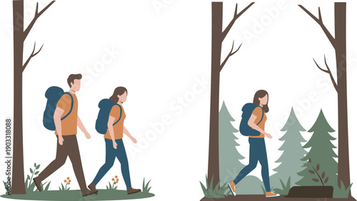 Hiking couple with backpacks, man and woman trekking, walking sticks, outdoor adventure, nature hike, travel lifestyle, forest background