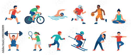 Set of colorful flat vector illustrations showing diverse people engaged in various sports and fitness activities like running, swimming, cycling, yoga, and weightlifting