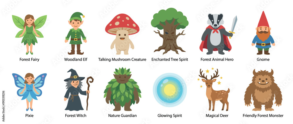 Fototapeta premium Set of cute fantasy forest characters featuring a fairy, elf, gnome, witch, and magical creatures in a charming flat vector illustration style for fairytales