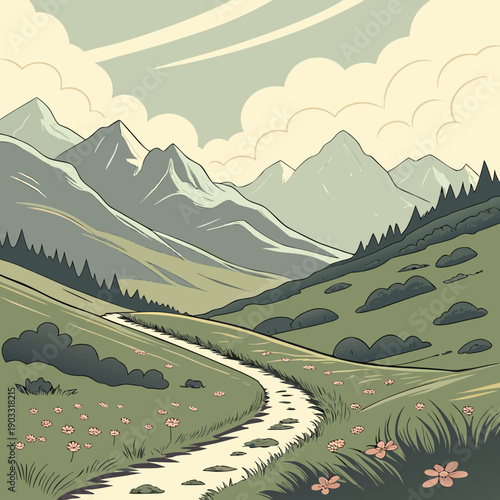 Abstract journey through simplified epic landscapes, featuring bold shapes and gradients, evoking a sense of grand adventure and discovery.