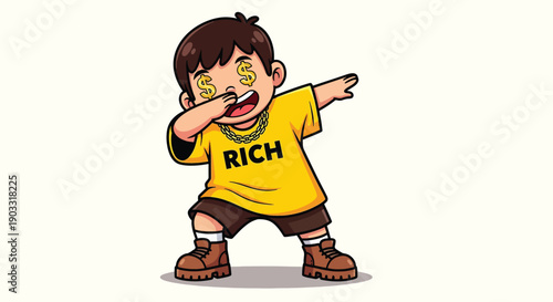 Cute Cartoon Boy Dabbing with Money Eyes and Rich TShirt.
