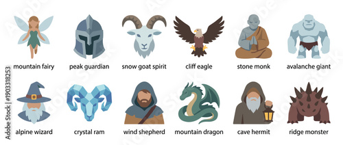 Collection of fantasy mountain character icons with labels, featuring a fairy, wizard, dragon, giant, and monk for a role-playing game in a flat vector illustration style