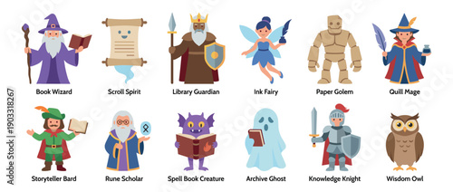 Collection of cute fantasy library characters including a wizard, knight, fairy, golem, ghost, and owl, presented as a colorful set of flat design vector style icons