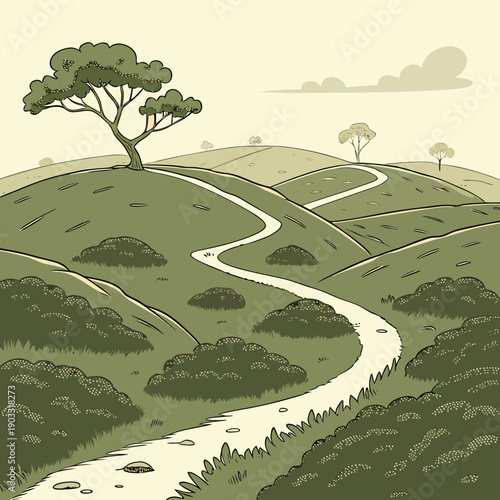 Abstract vector art depicting a journey through smooth, circular terrains, evoking a sense of endless exploration and organic design.