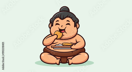 Cute Happy Sumo Wrestler Eating Delicious Food.