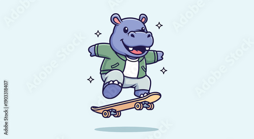 Cute Hippopotamus Skater Cartoon Vector Illustration.