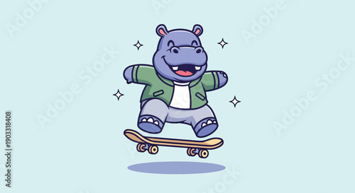 Cute Hippopotamus Skater Cartoon Illustration.