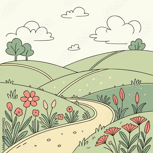 Soft focus vector illustration of a stylized land, evoking a dreamy and abstract journey with blurred shapes and subtle colors.