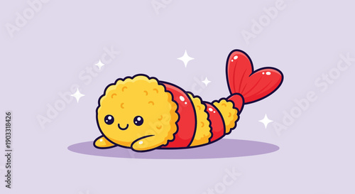Cute Kawaii Shrimp Tempura Cartoon Character Illustration.