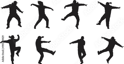 Hip hop dancer silhouette illustration with street dance moves, breakdance style, urban performance, energetic motion, freestyle choreography, modern dance culture