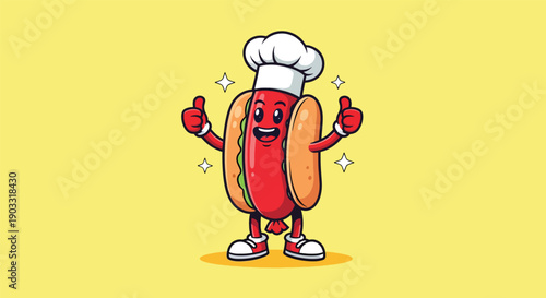 Cute Hot Dog Chef Cartoon Vector Illustration Food Icon Concept Isolated Premium Vector Flat Cartoon Style.