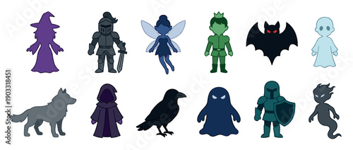 Set of twelve fantasy character icons featuring a knight, witch, ghost, fairy, prince, and raven designed in a cute, simple, and flat vector illustration style