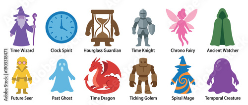 Collection of twelve colorful fantasy characters related to time, including a wizard, knight, dragon, and golem, presented as a set of flat design vector icons for gaming