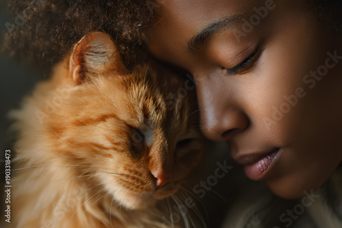 Intimate Portrait of Black Woman Nuzzling Ginger Cat With Eyes Closed