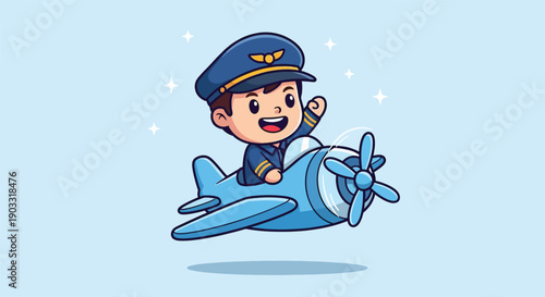 Cute Little Pilot Flying Airplane Cartoon Vector Illustration.