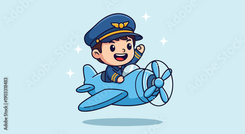 Cute Little Pilot Flying Airplane Cartoon Vector Icon Illustration.