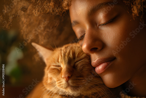 Close-up Black woman nuzzling ginger cat