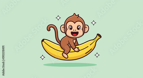 Cute Monkey Riding a Banana Cartoon Illustration.