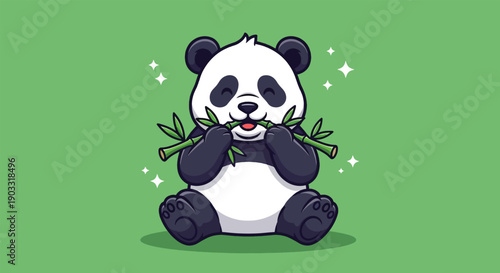 Cute Panda Eating Bamboo Vector Illustration.
