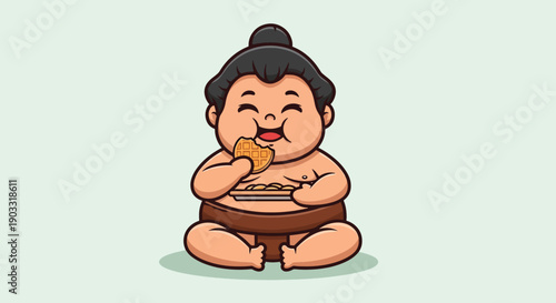 Cute Sumo Wrestler Eating Delicious Food Cartoon Illustration.