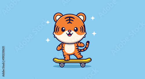 Cute Tiger Cub Skater Cartoon Illustration.