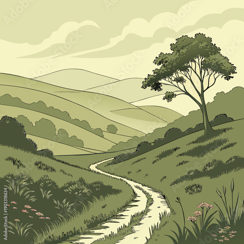 Abstract vector illustration of soft focus valleys, evoking a serene and ethereal journey through blurred natural forms.