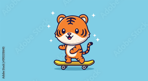 Cute Tiger Playing Skateboard Cartoon Vector Icon Illustration Animal Sport Icon Concept.