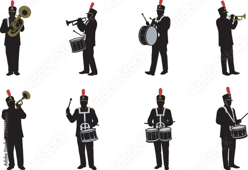 Marching band musicians in black uniforms playing brass and percussion instruments, isolated cartoon vector set for music, school, parade, festival, education themes