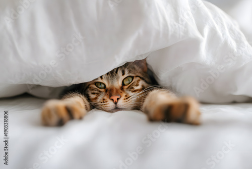 Cozy Morning in Bed with a Cat Hiding Under a White Blanket