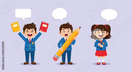 Happy school children with books pencil and magnifying glass ready to learn and explore.