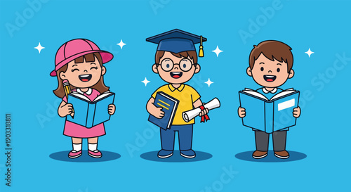 Happy Students Reading Books and Graduating Vector Illustration.