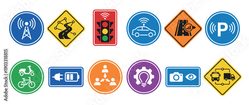 Collection of smart city transportation icons representing autonomous vehicles, connectivity, and intelligent traffic systems in a flat, colorful graphic style for modern urban concepts