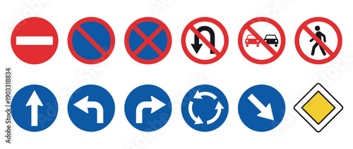 Collection of various road traffic signs including prohibitory, mandatory, and priority symbols for regulating vehicle and pedestrian movement on streets and highways