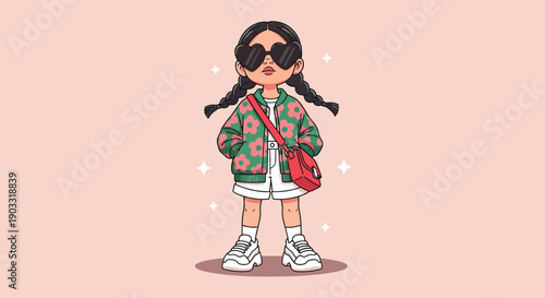 Stylish girl with pigtails and sunglasses in a floral jacket.