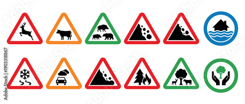 Collection of traffic and warning signs for various hazards including animal crossings, natural disasters, and adverse weather conditions, presented as a colorful vector icon set