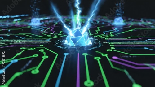 Neon network grid with glowing geometric shapes