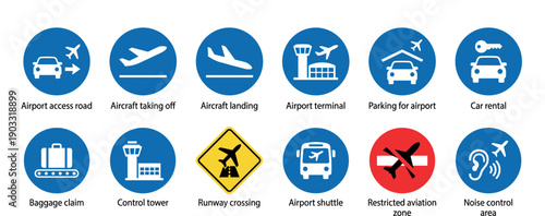 Collection of airport and aviation signs showing pictograms for terminal, takeoff, landing, parking, car rental, baggage claim, and runway crossing information for travelers