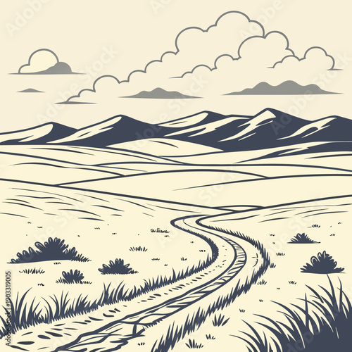 Stylized journey through vast, empty lands with a minimalistic aesthetic, evoking solitude and exploration.