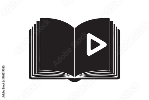 Open book silhouette with a play button icon for digital learning and audiobook concept