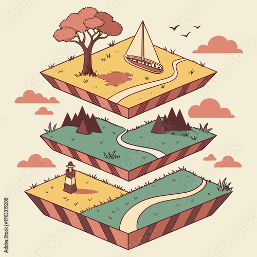 Surreal journey through layered dimensions and abstract spaces, representing complexity and hidden depths.