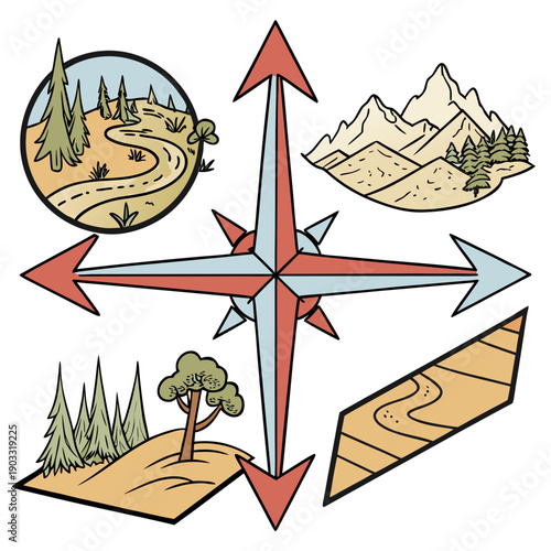 Symbolic journey through terrain marked by directional arrows, representing guidance, choices, and forward progress.