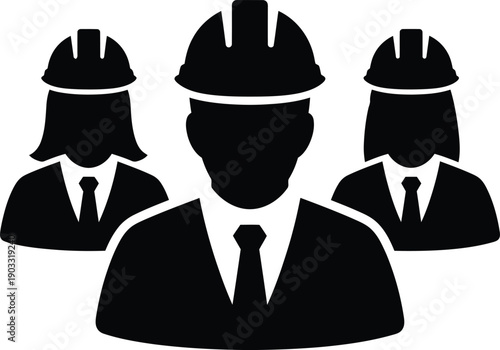 Three construction workers depicted as silhouettes wearing hard hats