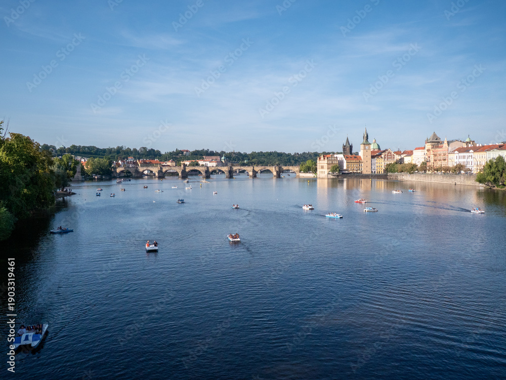 Obraz premium Vltava River in Prague, Czech Republic, captured from the Legii Bridge.
