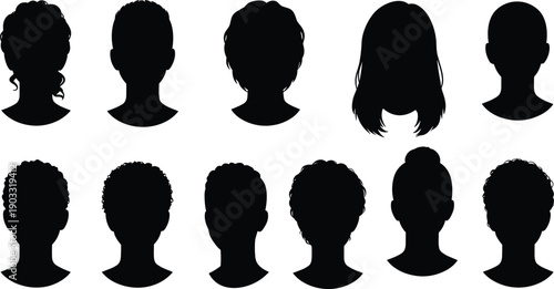 Silhouette head icons, diverse hairstyle profiles, black shadow faces, vector avatar set, people outline, flat illustration, graphic design elements, minimal style