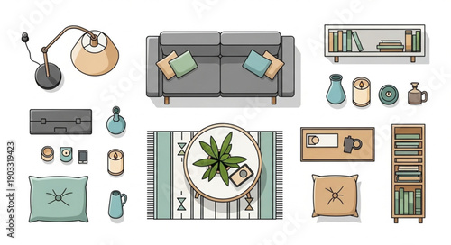 Top view of modern living room furniture and decor elements.