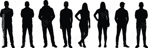 Silhouette group of people standing, men and women posing, casual clothing, teamwork concept, business crowd illustration, diverse individuals, human figure art