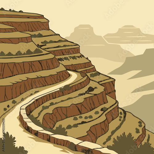 Abstract terrain cut into horizontal layers, representing a journey through geological strata or conceptual levels.