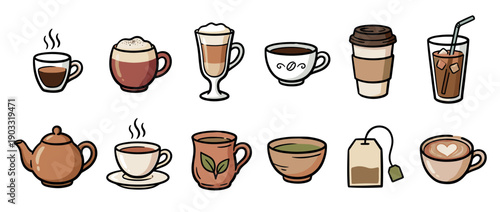 Set of hand-drawn coffee and tea beverage icons in a charming doodle style, featuring espresso, latte, cappuccino, iced coffee, teapot, and matcha